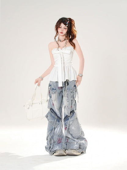 Big Bow Neckline White/Blue Strapless Top Plaid