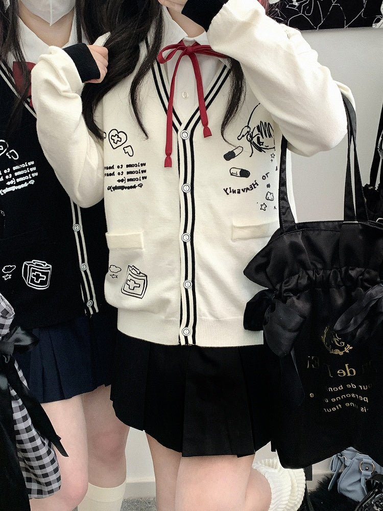 Marineblaue Strickjacke mit V-Ausschnitt und Grafik von Jirai Kei für Mädchen