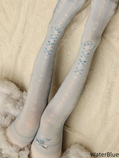 Lace Print Lolita Colors Tights 10 Strappy Bowknot
