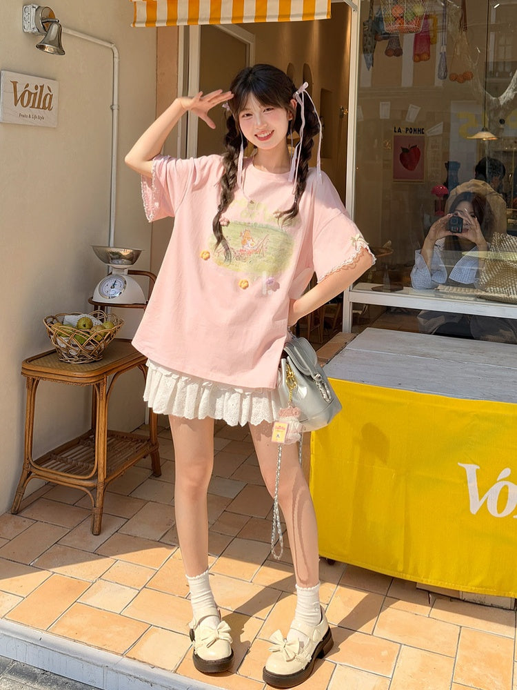 Embroidery Bear Pink Round Neck Oil Painting Letter Print Sweet T-Shirt