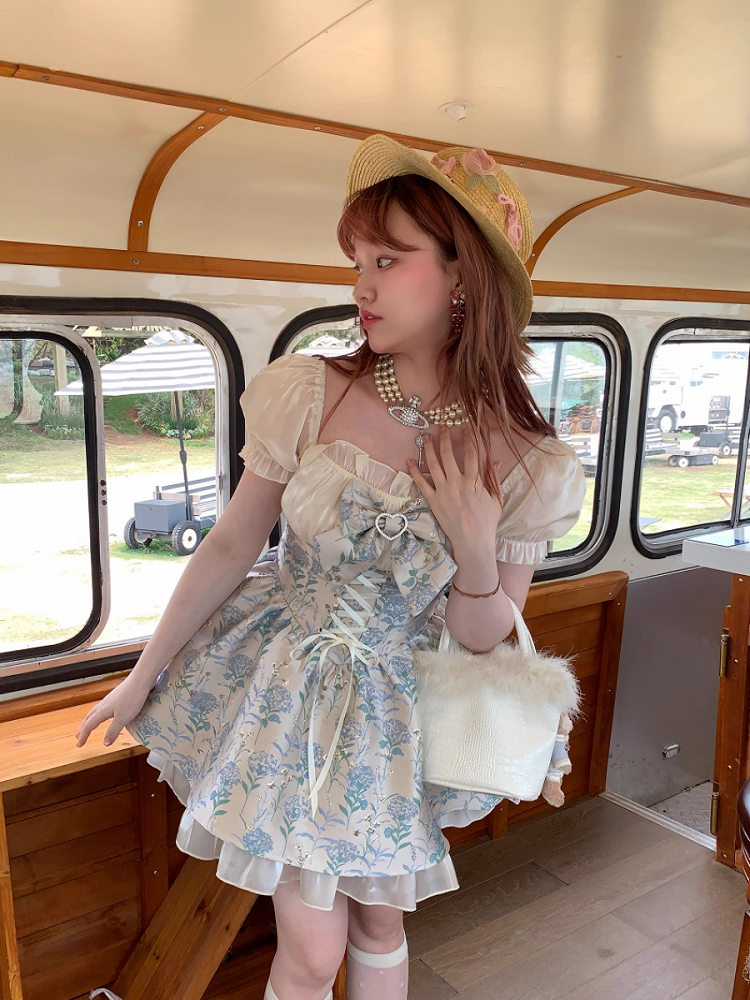 Floral Sleeve Lace-Up Blue Dress Puff with Front Jacquard Waist