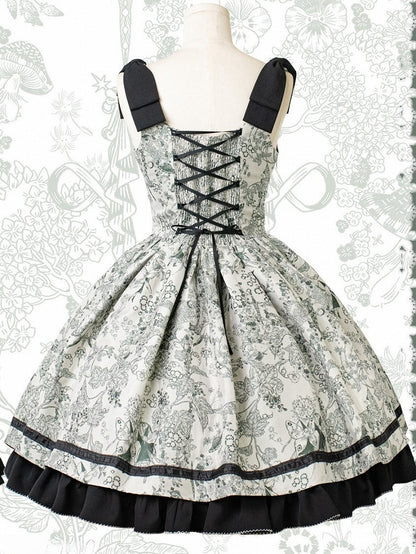 Basque Lolita Bust Jumper Skirt Under Waist Straps Shoulder Green Bowknot