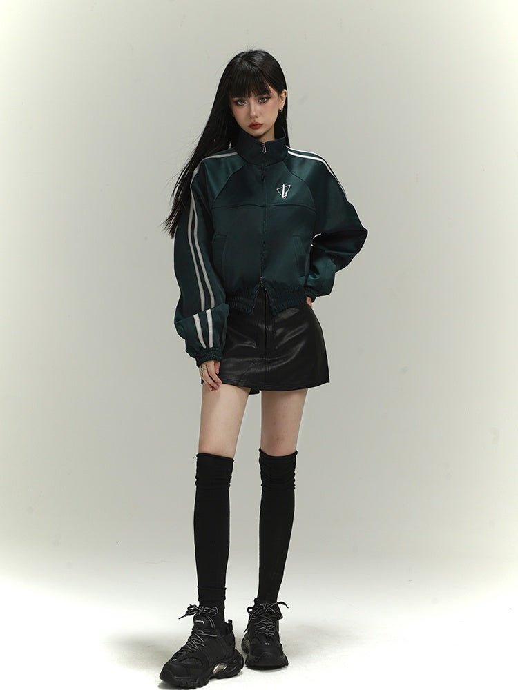 Dark Green Letter Embroidery Acubi Fashion Vintage Baseball Jacket