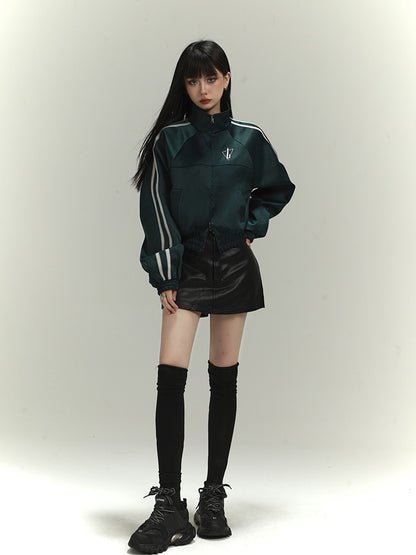 Dark Green Letter Embroidery Acubi Fashion Vintage Baseball Jacket