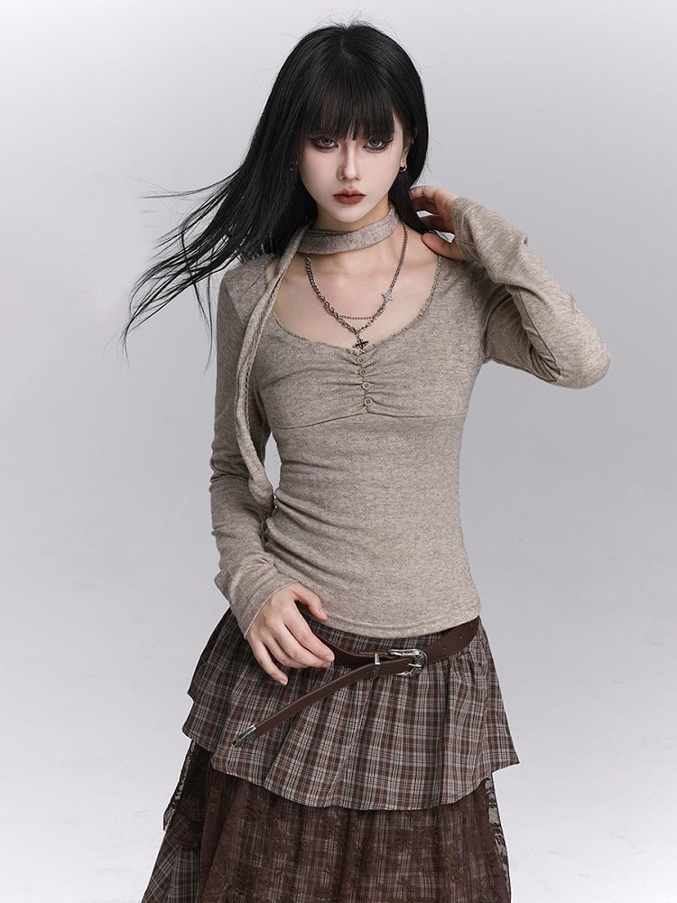 Haferflocken-Top mit U-Ausschnitt, Knopfrüschen und passendem Nackenband, Grau