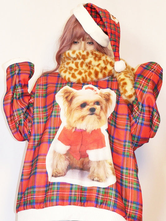 クリスマス チェック柄 スウェットシャツ 子犬プリント レッド