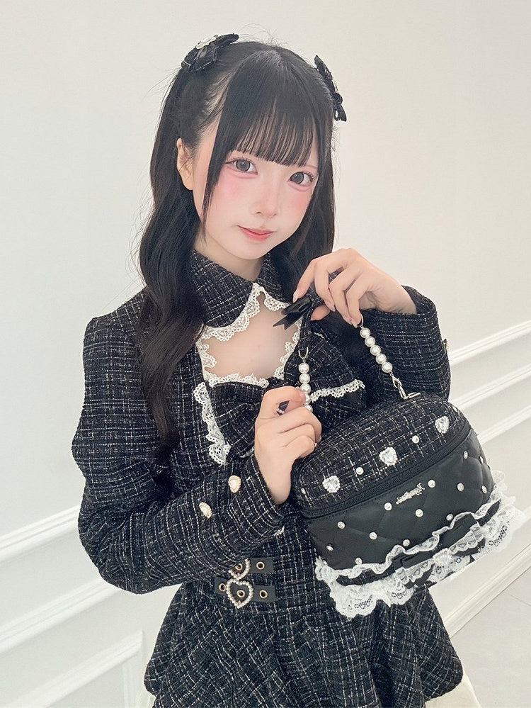 Black Jirai Kei Tweed PU Handbag with Lace Trim Detail - Puppet Bombs