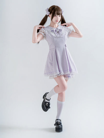 Purple & White Plaid Bow Lace Dress with Shorts - Ostslheep