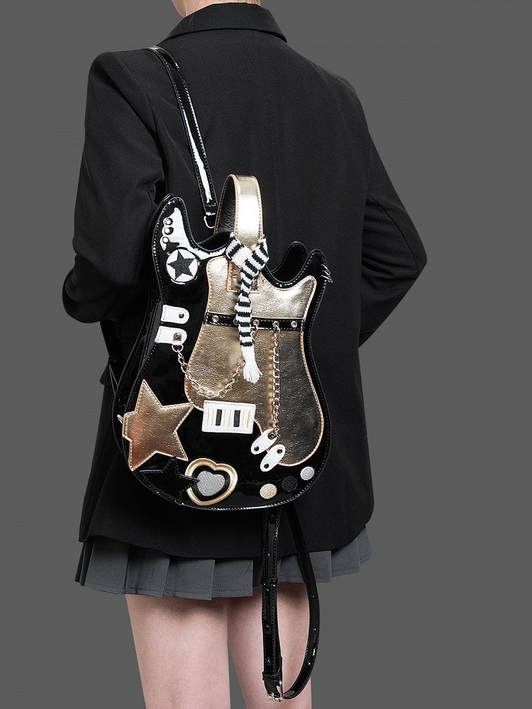 Design Black Embroidered Sweetheart Guitar-shaped Bag Star Gold