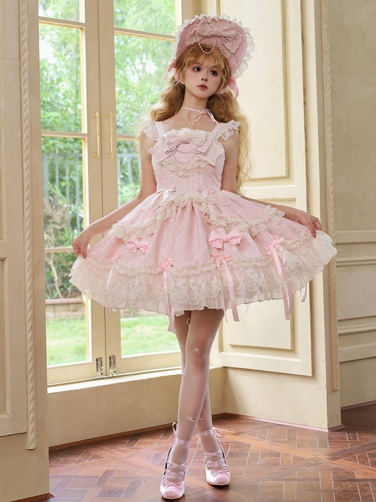 Stoff Rosa Lolita Süßes Kleid Schleife Jacquard Akzente Pullover Rock