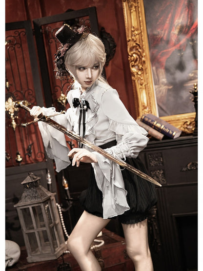 Gothic Ouji 5-Piece Ensemble: Poet Sleeve Shirt, Bloomers, Corset, Mini Hat & Bow Tie - With PUJI