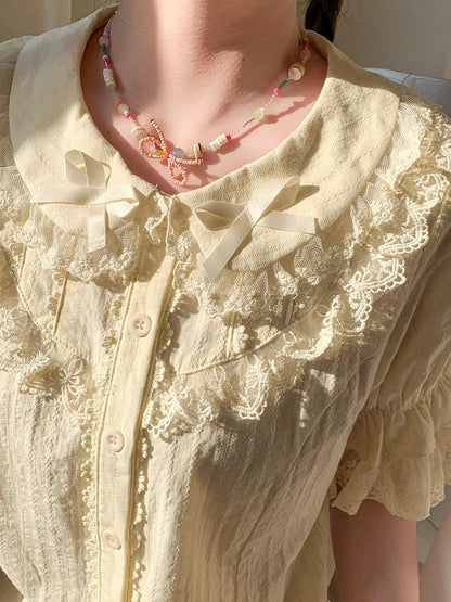 Yellow Bow-Trim Peter Pan Collar Blouse - Lan Jian Chuan