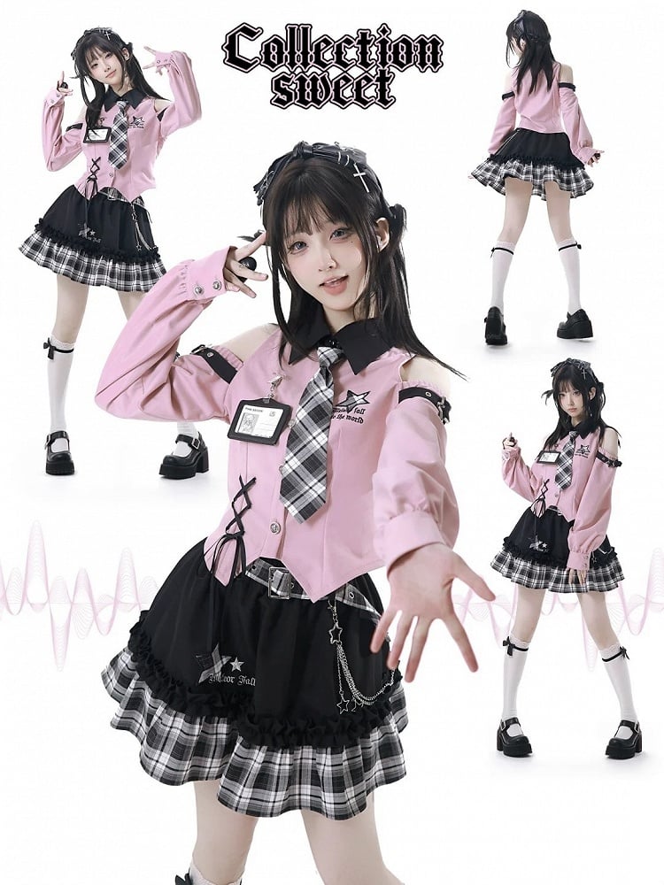 Top: with Idol Bittersweet Open Buckles Star Shirt Pink Punk Shoulder Core Fashion