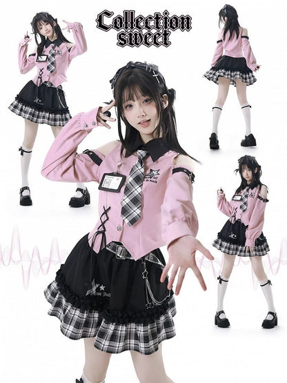 Top: with Idol Bittersweet Open Buckles Star Shirt Pink Punk Shoulder Core Fashion