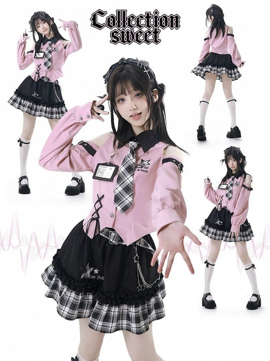 Top: with Idol Bittersweet Open Buckles Star Shirt Pink Punk Shoulder Core Fashion