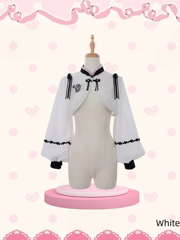 Chinoiserie Sweet Mandarin Collar Balloon Sleeve Bolero Cropped Jacket