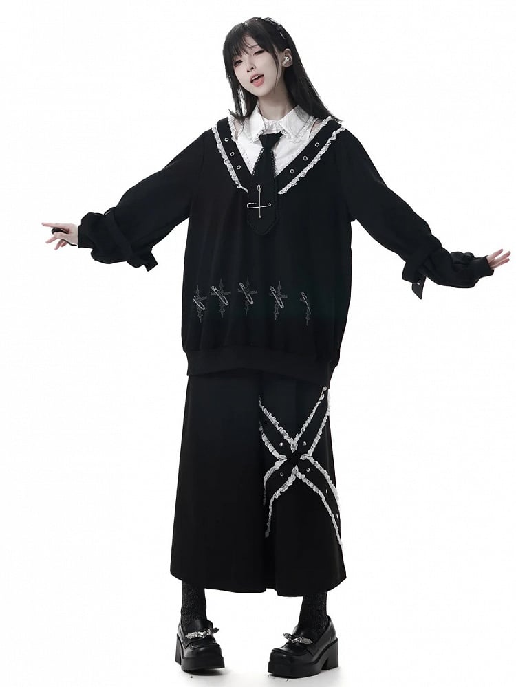 Shoulder Cutouts Collar Faux and Lace Sweatshirt Two-pieces White Black Dollcore Sweet-Grunge with |