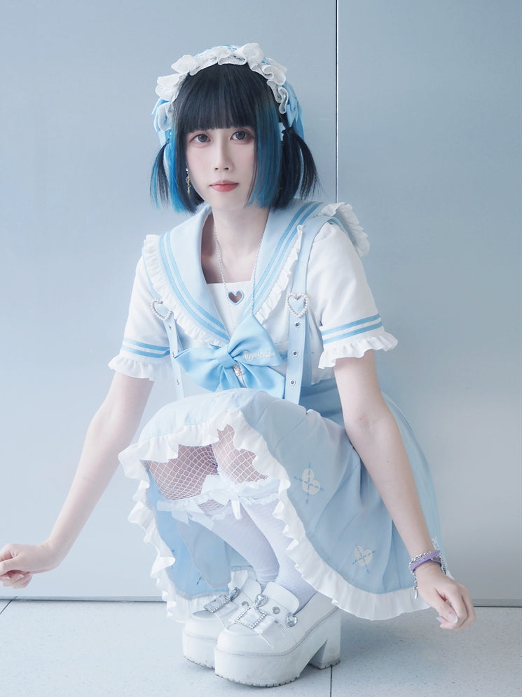 Jirai Kei Overalls Hellblau Herz Stickerei vorne Schnürung