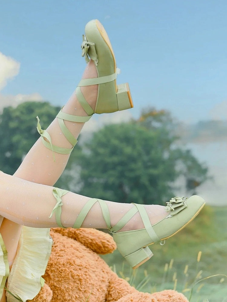 3.5cm Heeled Sweet Lolita Green Ballet Shoes - Bow at Top & Wrap-Around Ankle Tie
