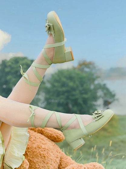3.5cm Heeled Sweet Lolita Green Ballet Shoes - Bow at Top & Wrap-Around Ankle Tie