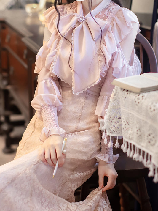 Sakura Pure with Blouse Elegant Kei Clean Cutout Aesthetic Shoulders Jirai Flounce Pink