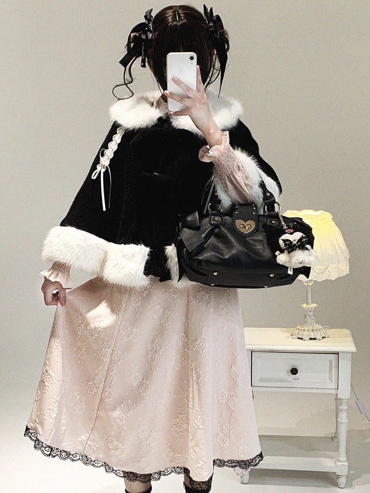 with Bow and Cutout Pink Lace Black Dress Long-Sleeve Kei Jacquard Rose Jirai Shoulder Ruffled