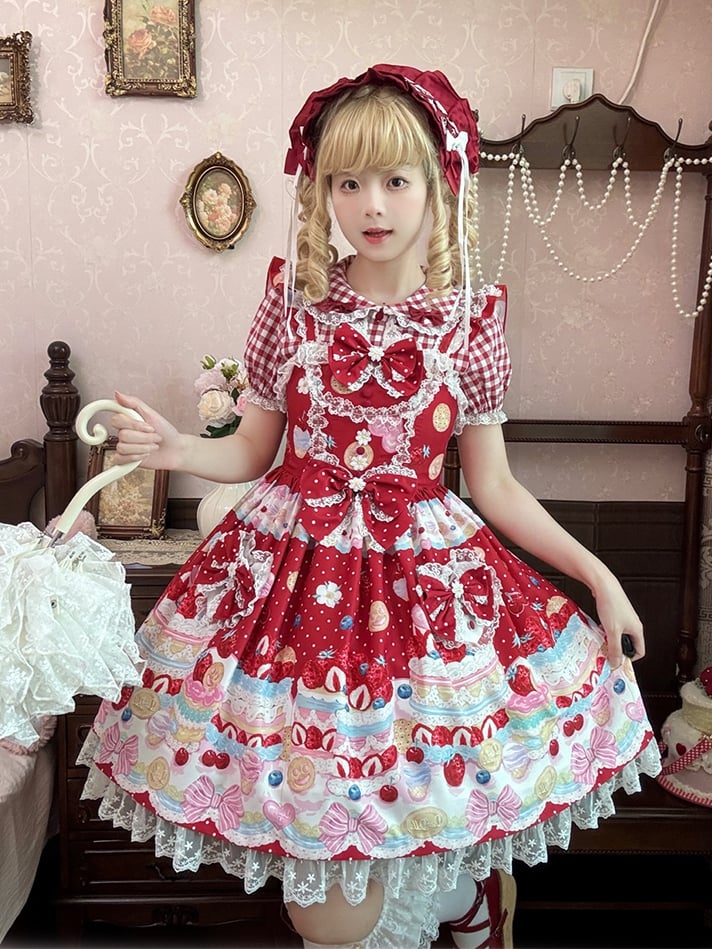 スイートなチェック柄ブラウス（レッド/ピンク）ピーターパンカラー レーストリム ロリータ