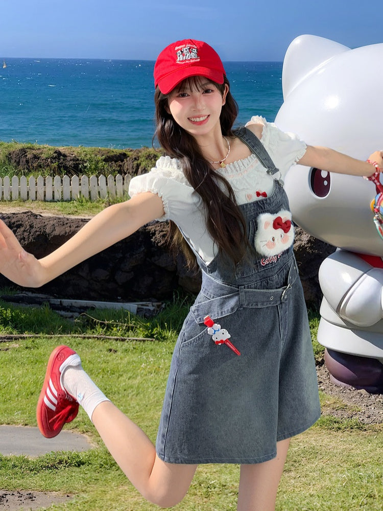 Herz Shorts Plüsch Kitty Denim Dunkelblau Verblasst Schnalle Waschen Gürtel Overall mit