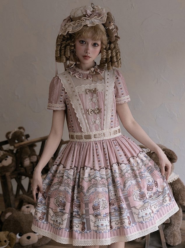 Dress Bear Neckline Pink Print Dropped Lolita Sweet Waist Ruffle