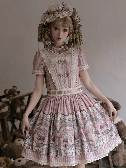 Dress Bear Neckline Pink Print Dropped Lolita Sweet Waist Ruffle