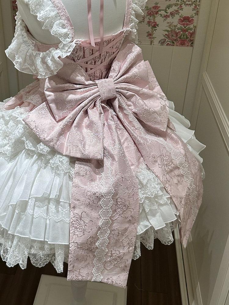 White Blue Pink Lolita Jacquard Back Bow - White Sugar Girl