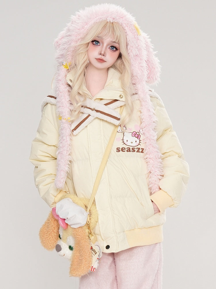 Hellgelbe, dicke Jacke mit abnehmbarem Matrosenkragen und Kätzchen-Print