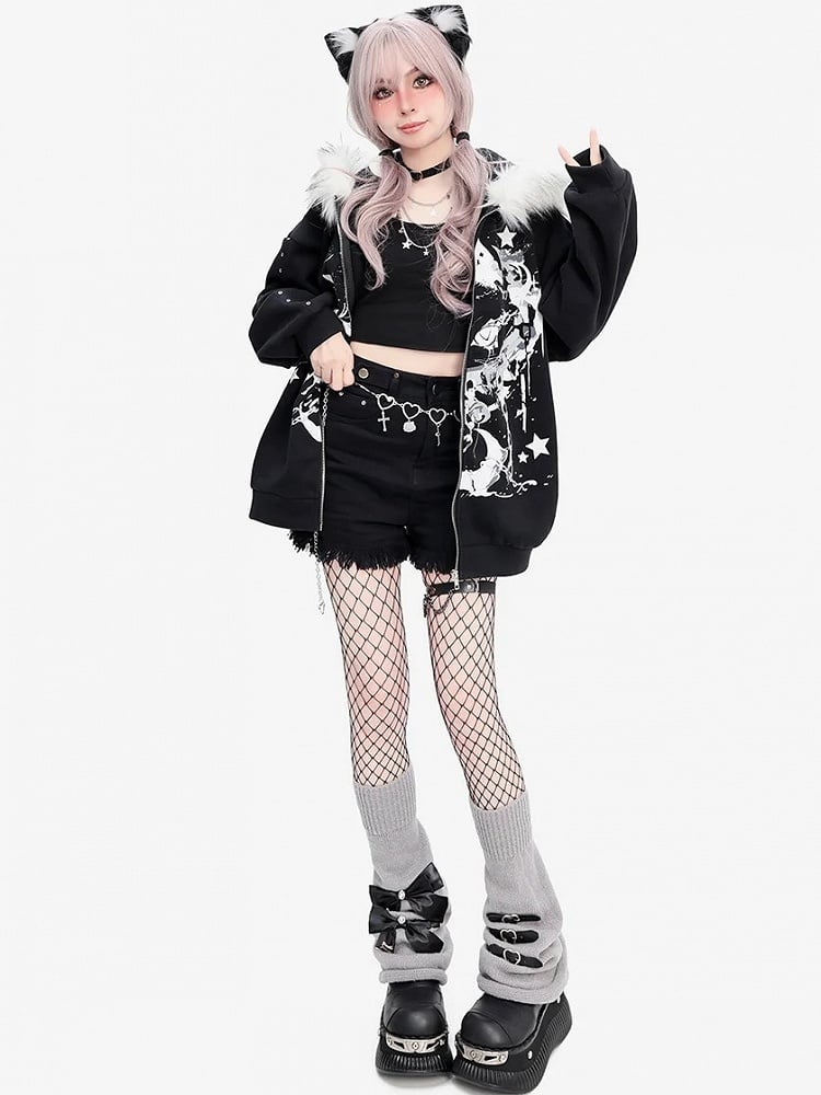 Punk Anime Cat Schwarz Dicker Kapuzenpullover mit Reißverschluss