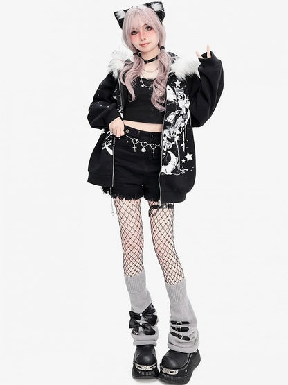 Punk Anime Cat Schwarz Dicker Kapuzenpullover mit Reißverschluss