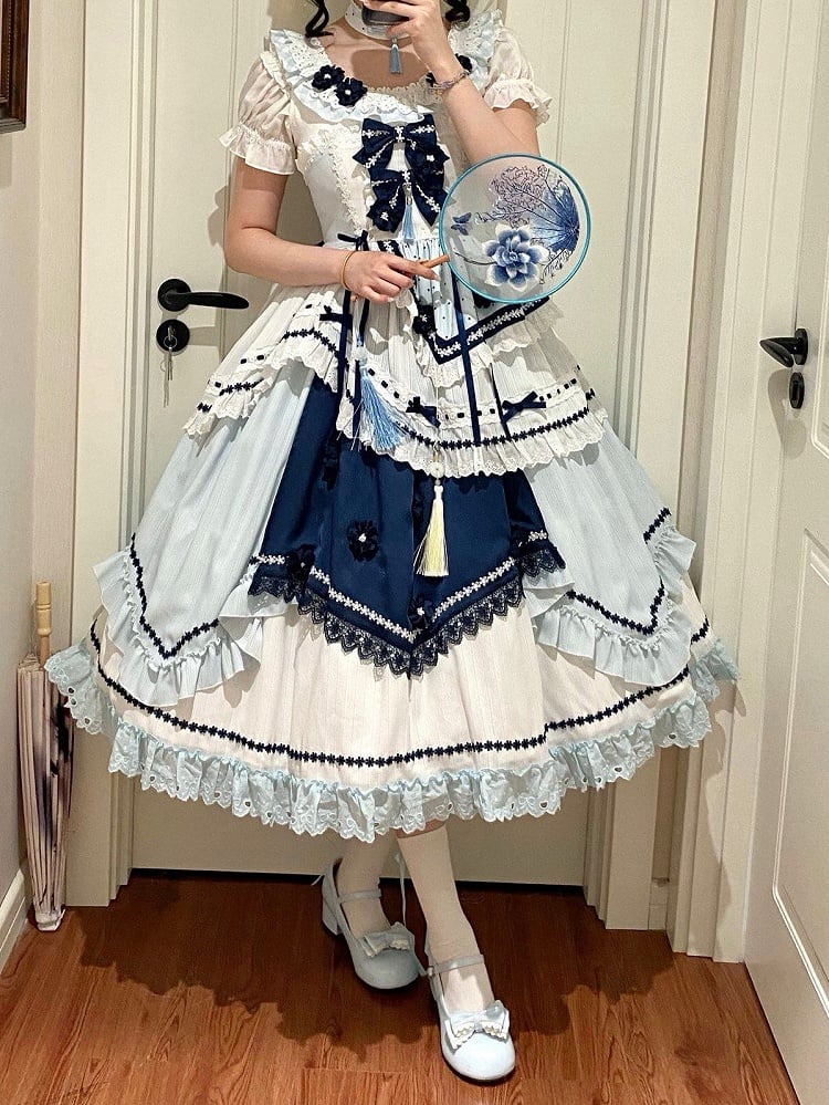 and Floral JSK Dark Lolita Sleeves Dress Embellished Flutter Blue Bow