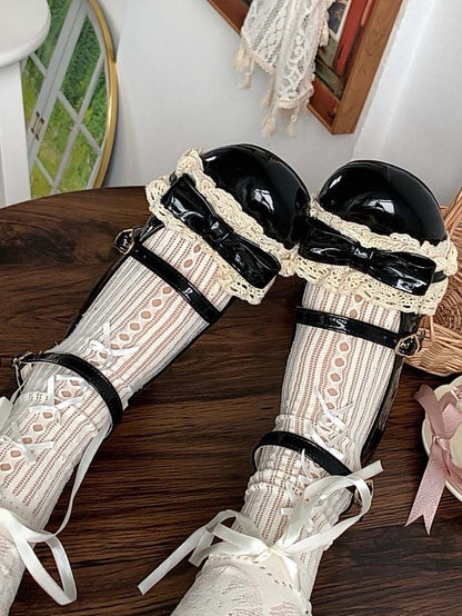 Mid with Trim Lace Lolita Heels and Mary - Sweet Details Jane for Heart Buckle Black Bow