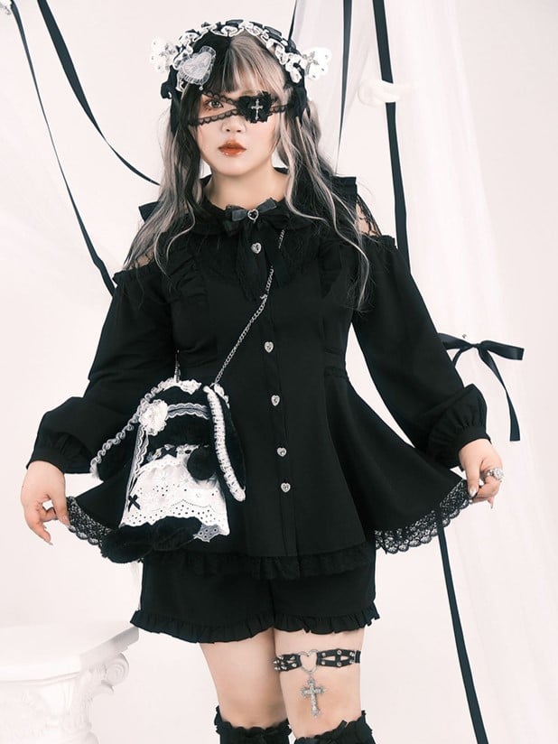 Set: Plus Elastic Open Black Waist Top Size Jirai Shoulder Shorts Kei
