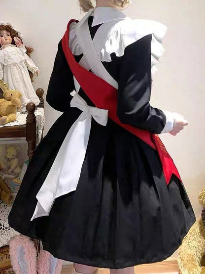 Red Black Bow Full Pleated Embroidered Maid Tie Ribbon with Sleeves Set + Lolita Apron Long Dress