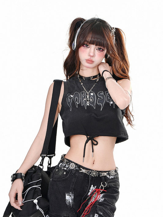 Schwarzes, glamouröses kurzes Tanktop mit Buchstaben