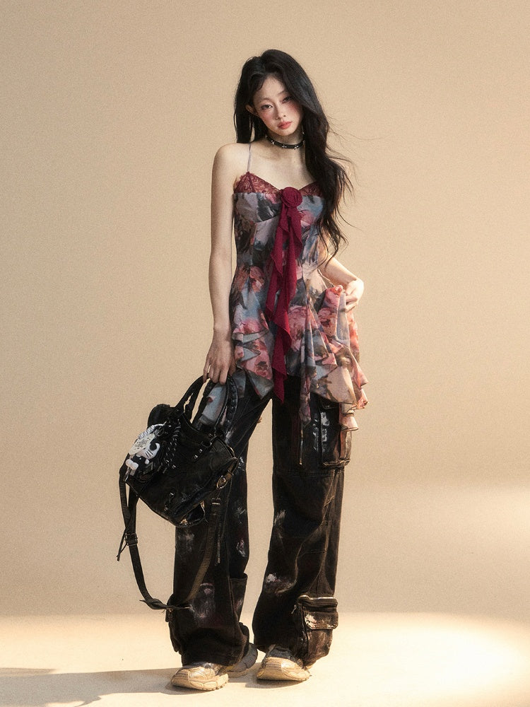 Malerei Rot Öl Cami Top Asymmetrische Volant Verziert Saum Floral Glamourös