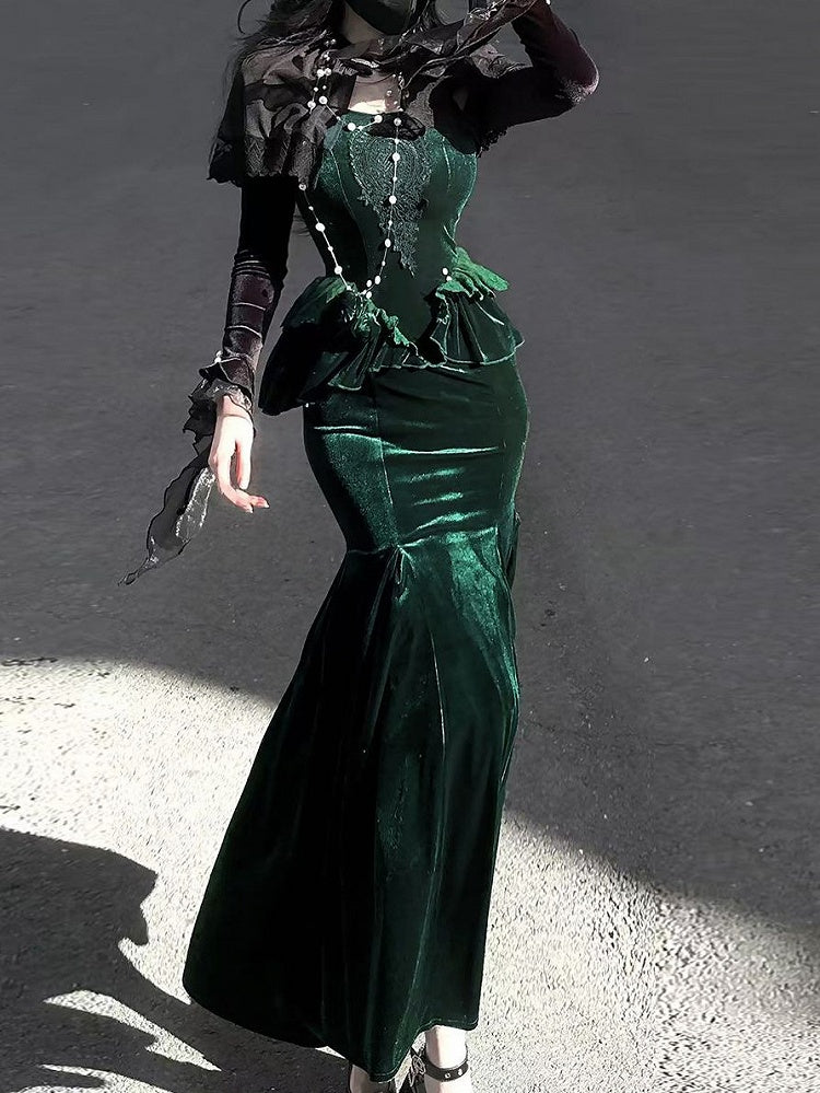 Shrug with Long Green Velvet Dress Forest Dark Mermaid Sleeves