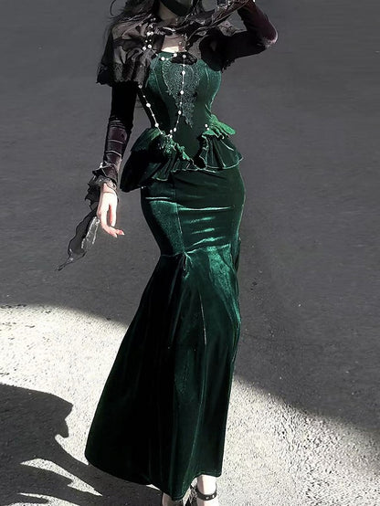 Shrug with Long Green Velvet Dress Forest Dark Mermaid Sleeves