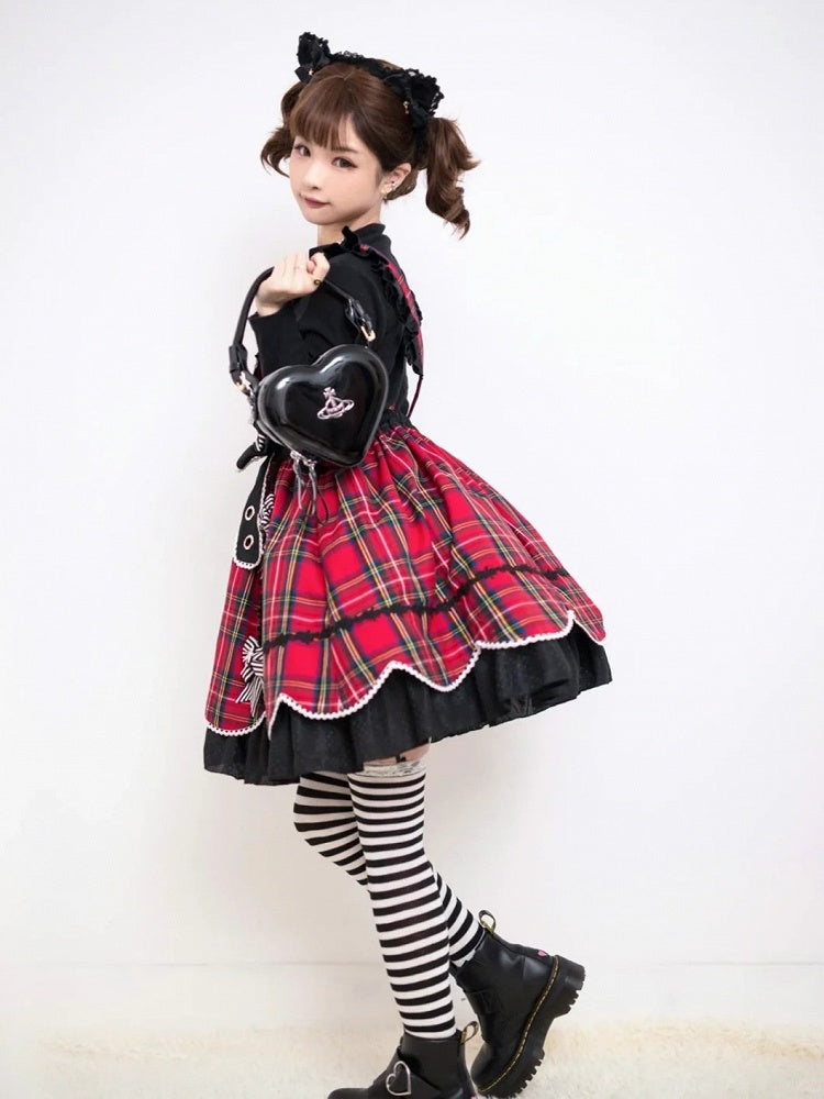 Punk Heart-Bodice Skirt Flutter Bowknots Straps Jumper Lolita with Red Plaid Striped