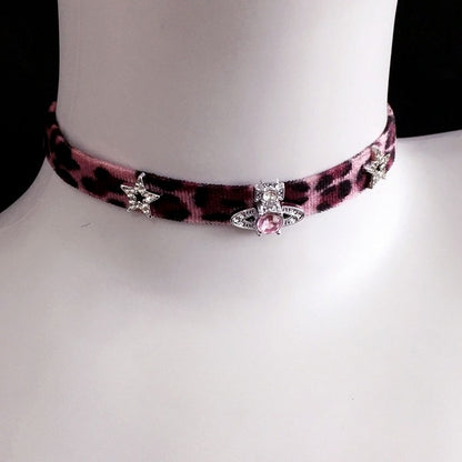 Leopard Choker with Decorations Rhinestone Star and Pink Print