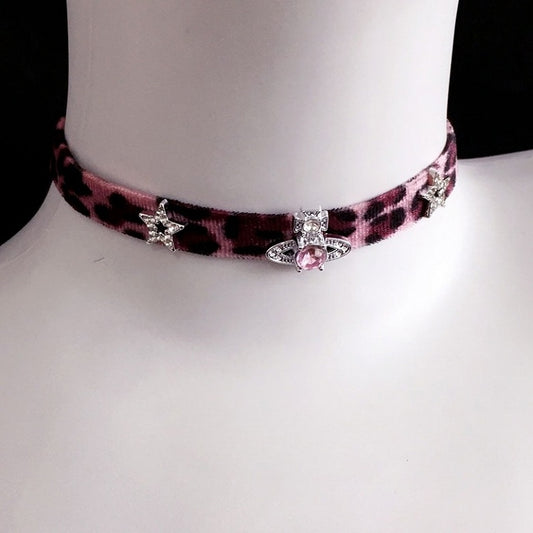 Leopard Choker with Decorations Rhinestone Star and Pink Print