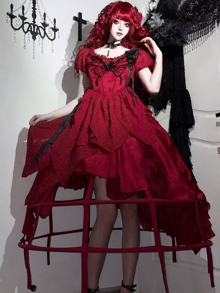 Red Butterfly Rhinestone Detail Puff Sleeve Lolita Top and Asymmetrical Hem Skirt Set - Sweet Wood Lolita