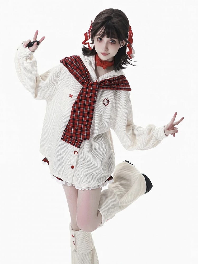 Hood White Knit Red Plaid with Scarf Regular/Thicken Hoodie Detachable