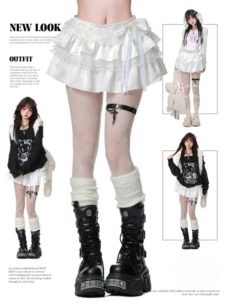 ホワイトの蝶結びディテールのティアードスカート