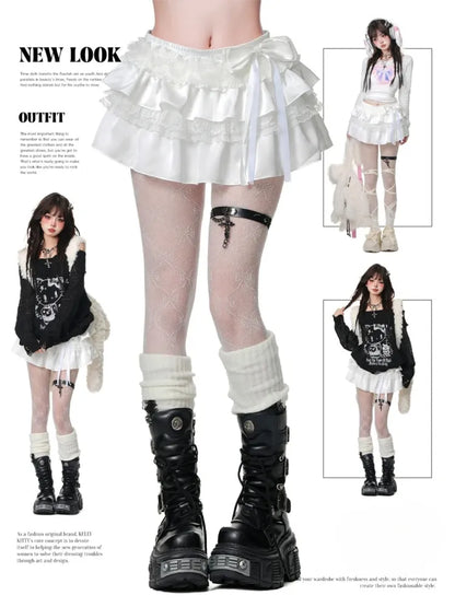 ホワイトの蝶結びディテールのティアードスカート