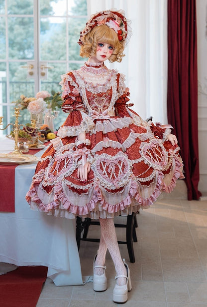 赤い花嫁ロゼット刺繍の花とビーズチェーンのディテールロリータOPフルセット